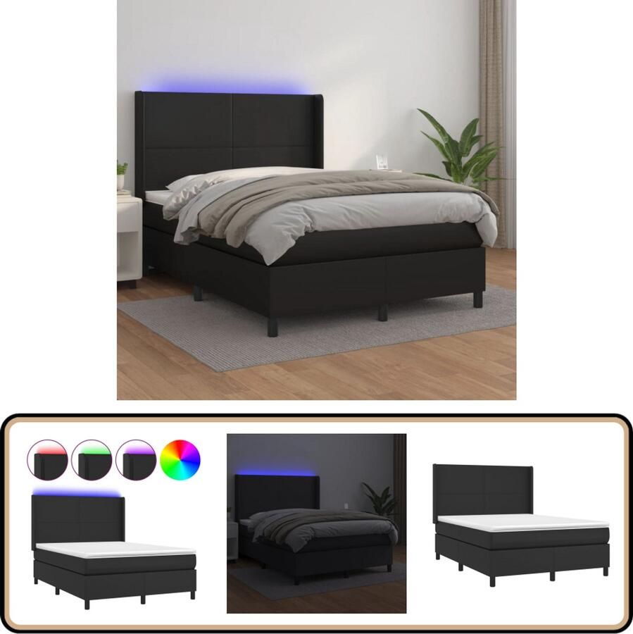 VidaXL Boxspring Kunstleer LED 140x200 cm Zwart Boxspring Bed Leder Look Led Lampjes Elektrisch Verstelbare Hoofdbord Slaapcomfort