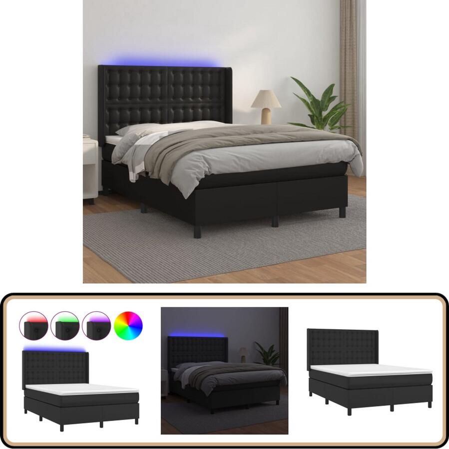 VidaXL Boxspring Kunstleer LED 140x200 cm Zwart Boxspring Kingsize Led Boxspring Kunstleder Bed Hoofdboard Verstelbaar Boxspring Met Lamp