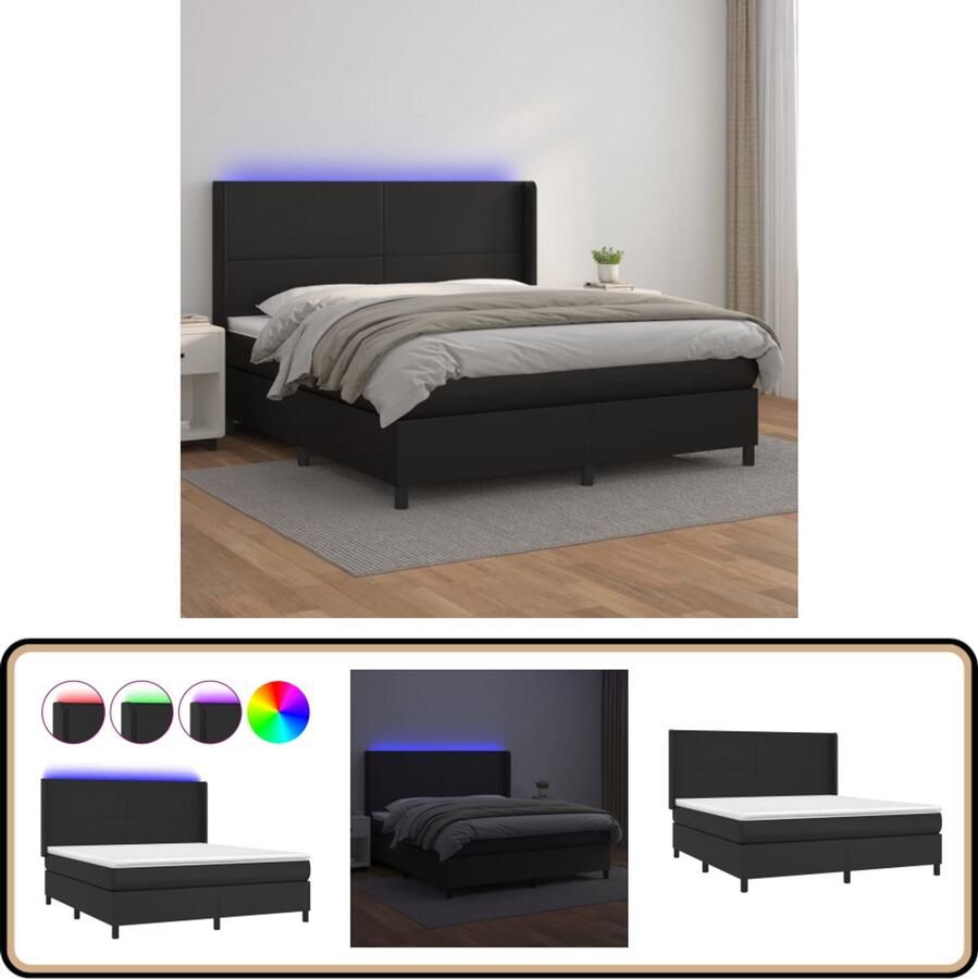 VidaXL Boxspring met LED Kunstleer Zwart 180x200 cm Boxspring Led Boxspring Set Kunstleder Bed Zwarte Boxspring Tweepersoons Boxspring King Size Boxspring