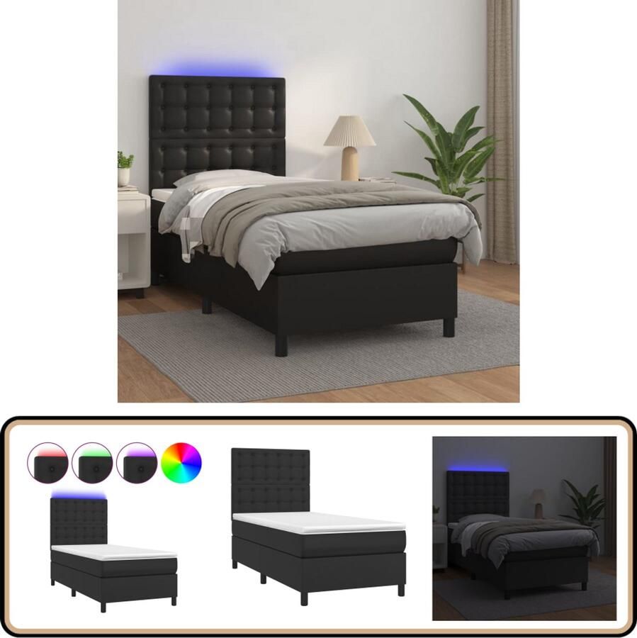 VidaXL Boxspring met matras en LED Zwart 80x200 cm Boxspring Led Boxspring Kunstleder Bed Elektrisch Verstelbare Hoofdbord Pocketed Veer Matras Slaapcomfort