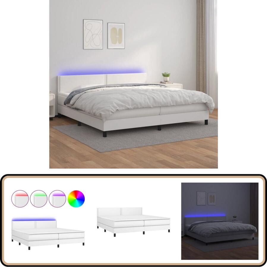 VidaXL Boxspring Kunstleer LED Wit 200x200 cm Boxspring Bed Leder Look Led Lampen Pocketed Spring Mattress Hoofdbord Slaapcomfort