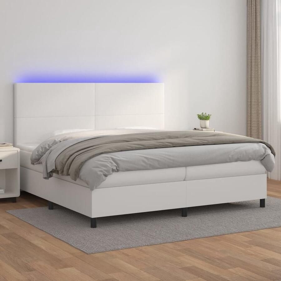 VidaXL Boxspring Kunstleer LED Wit 200x200 cm Boxspring Led Bed Kunstleder Bed Tweepersoonsbed Groot Bed Witte Bed Hoofdbord Pocketed Veren - Foto 2