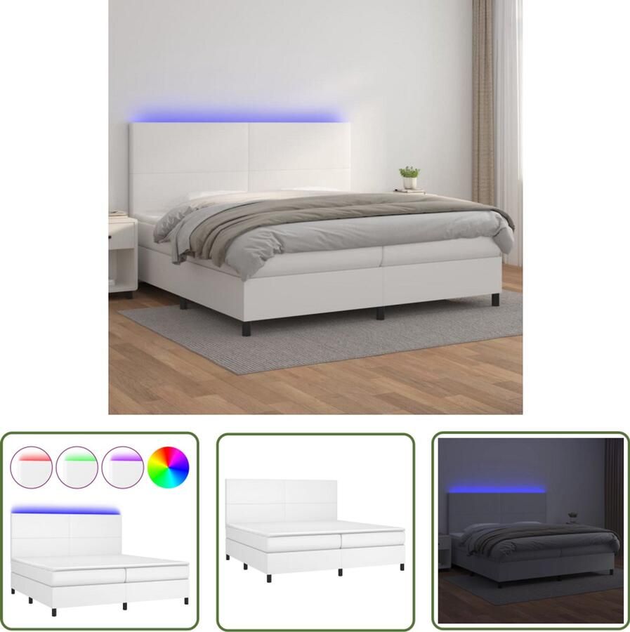 VidaXL Boxspring Kunstleer LED Wit 200x200 cm Boxspring Led Bed Kunstleder Bed Tweepersoonsbed Groot Bed Witte Bed Hoofdbord Pocketed Veren