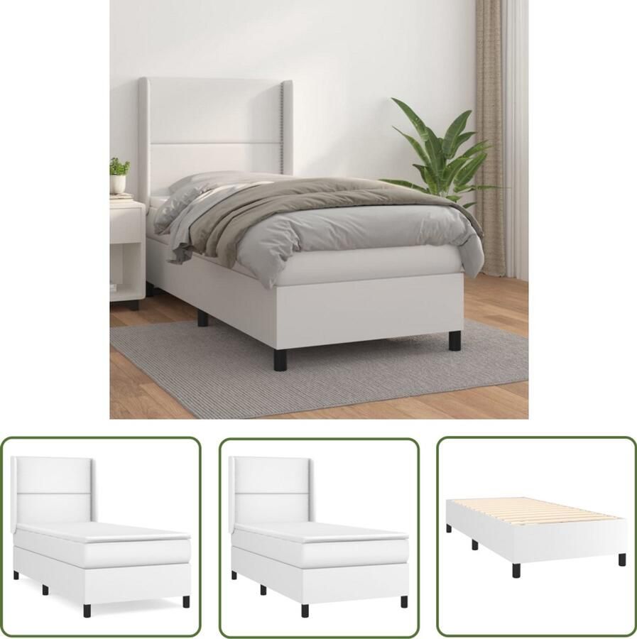 VidaXL Boxspring Kunstleer Wit 100x200 cm Boxspringbed Kunstleder Bed Verstelbare Hoofdbord Pocketveer Matras Middelhard Matras Witte Bed