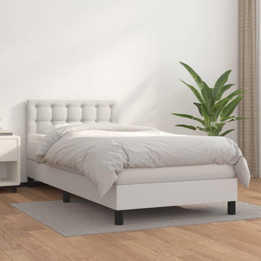 VidaXL Boxspring Kunstleer Wit 100x200 cm Boxspringbed Kunstleder Bed Wit Bed Tweepersoons Bed Verstelbare Hoofdbord Pocketveer Matras Middelhard Matras Huidgevend - Foto 2