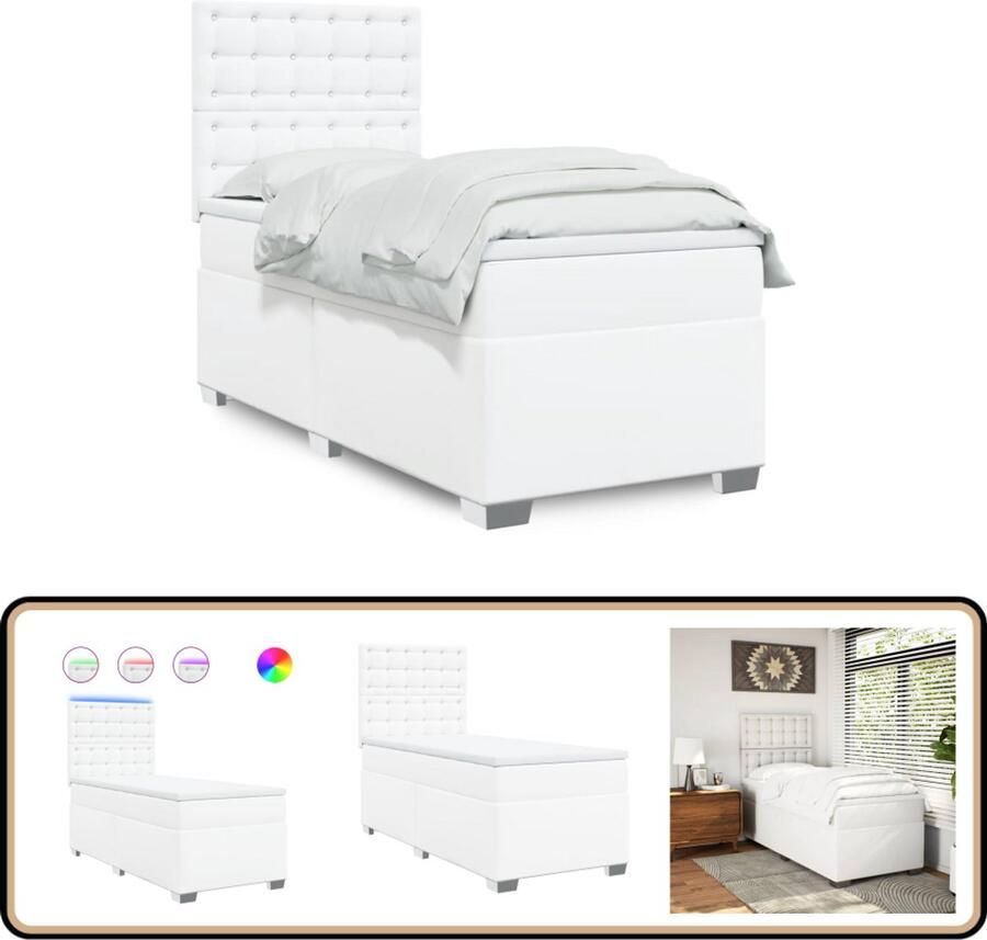 VidaXL Boxspring Kunstleer Wit 100x200 cm LED Boxspring Boxspringbed Tweepersoonsbed Matras Kunstleder