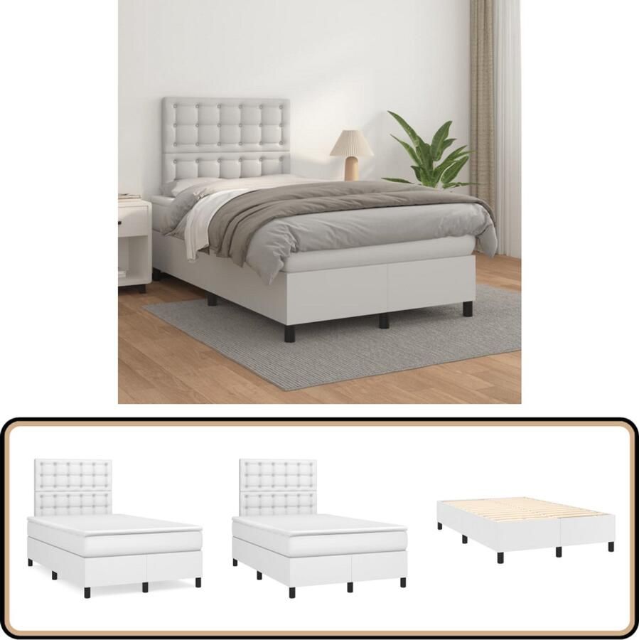VidaXL Boxspring Kunstleer Wit 120x200 cm Inclusief Matras Boxspringbed Slaapcomfort Kunstleder Verstelbare Hoofdbord Pocketvering Matras
