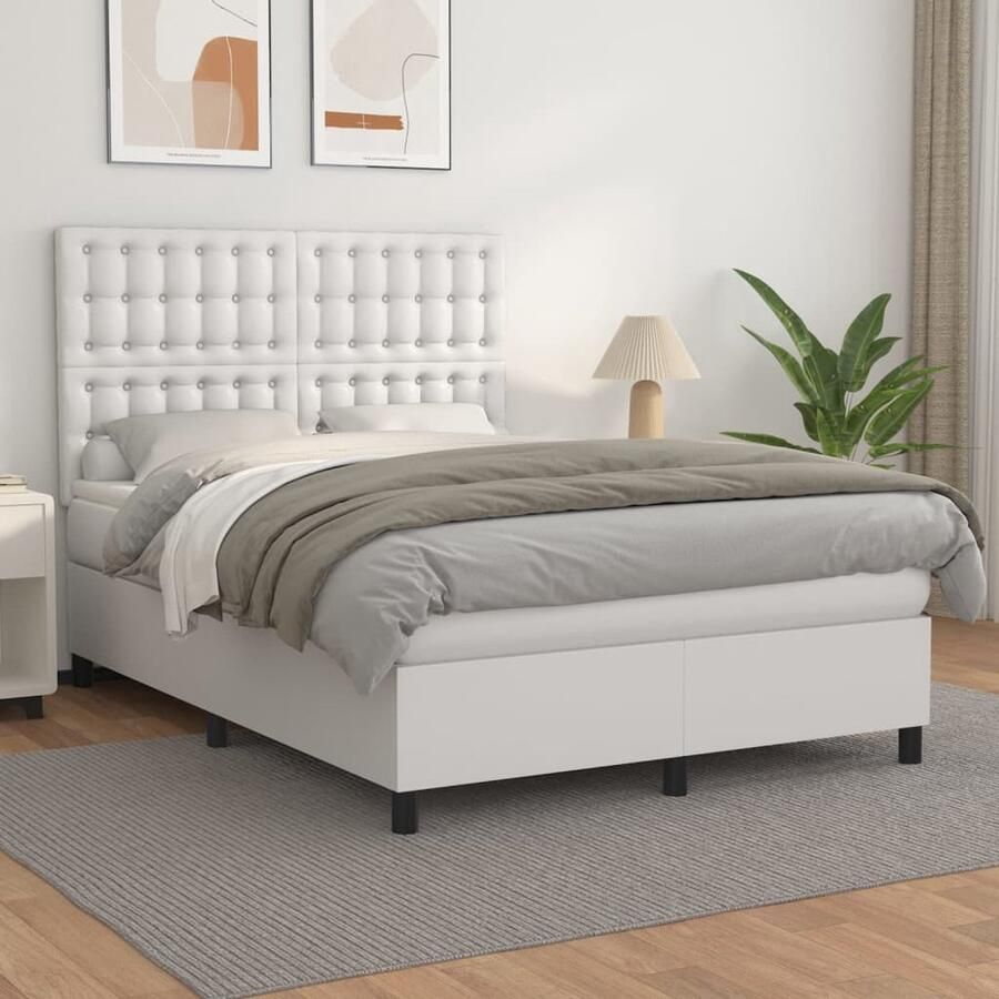 VidaXL Boxspring Kunstleer Wit 140x190 cm Boxspringbed Boxspring Bed Slaapcomfort Kunstleder Pocketed Veren Matras Hoofdbord Adjustable Headboard - Foto 2