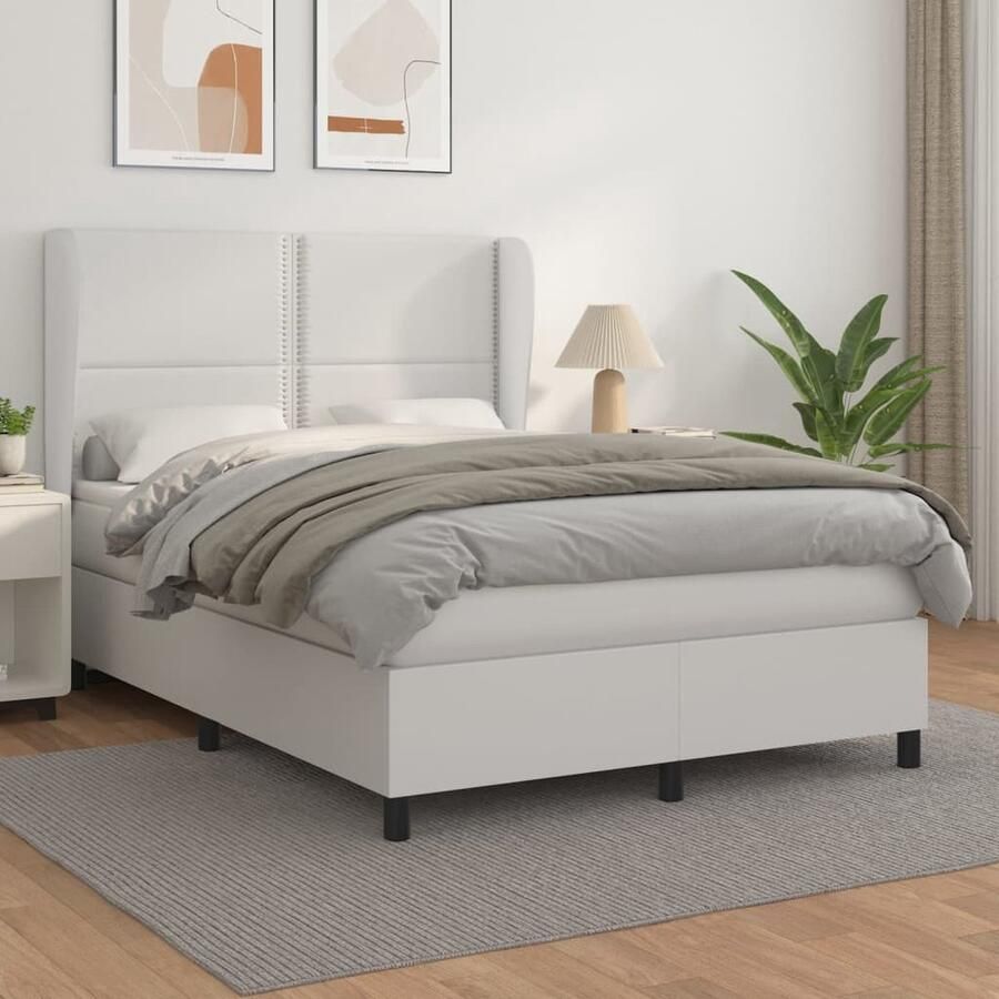 VidaXL Boxspring Kunstleer Wit 140x190 cm Boxspringbed Kunstleder Bed Verstelbare Hoofdbord Pocketveer Matras Middenhard Matras Slaapkamer Meubels - Foto 2
