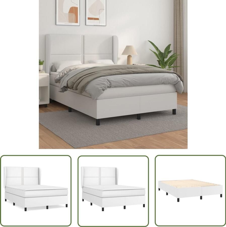VidaXL Boxspring Kunstleer Wit 140x190 cm Boxspringbed Kunstleder Bed Verstelbare Hoofdbord Pocketveer Matras Middenhard Matras Slaapkamer Meubels