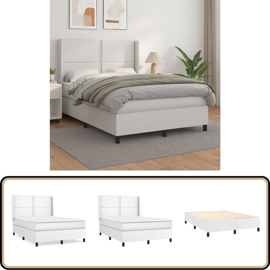 VidaXL Boxspring Kunstleer Wit 140x200 cm Boxspring Bed Kunstleder Bed Tweepersoons Bed Boxspring Frame Adjustable Headboard Pocketveer Matras Medium Hard Mattress