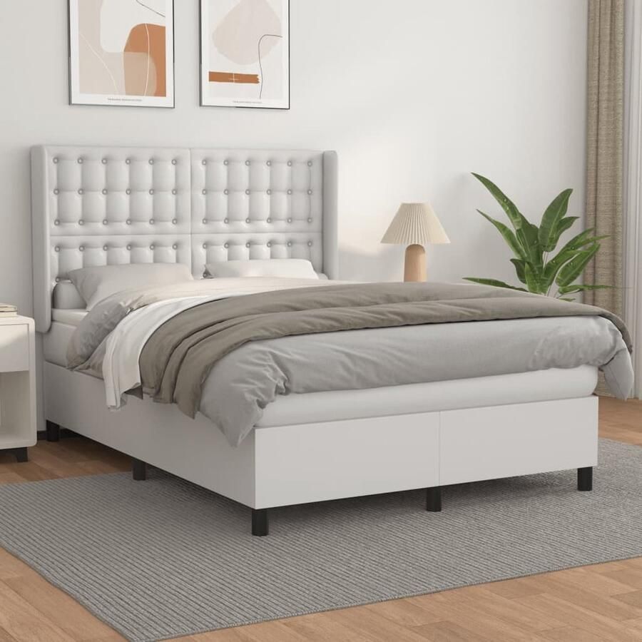 VidaXL Boxspring Kunstleer Wit 140x200 cm Boxspring Bed Kunstleder Bed Tweepersoons Bed Boxspring Frame Elektrisch Hoofdbord Pocketveer Matras Middelhard Matras Slaapkamer Meubels - Foto 2