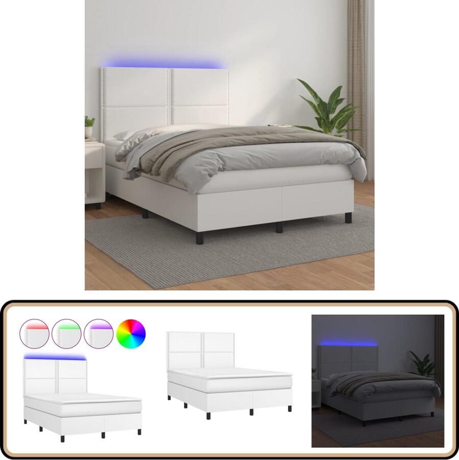 VidaXL Boxspring Kunstleer Wit 140x200 cm Inclusief LED Boxspring Led Bed Kunstleder Bed Elektrisch Verstelbare Bedden Verstelbaar Hoofdbord Pocketveer Matras Dubbele Bed