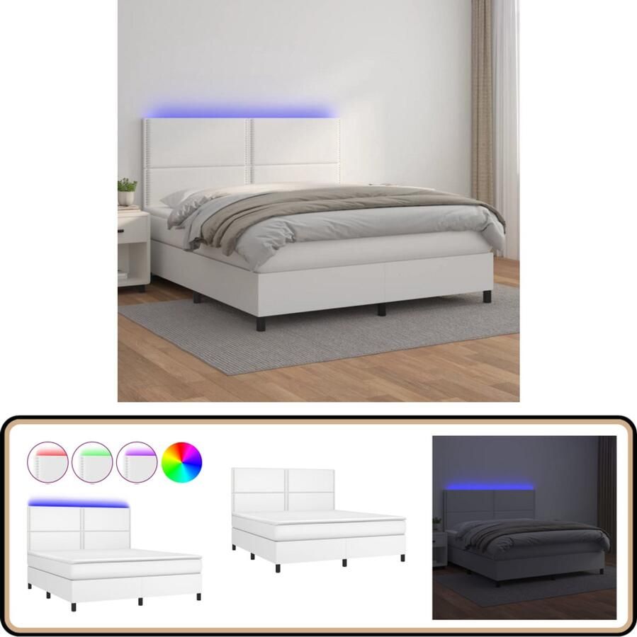 VidaXL Boxspring Kunstleer Wit 160x200 cm Boxspring Bed Leder Look Elektrisch Verstelbare Hoofdbord Led Verlichting Pocketveer Matras Slaapcomfort