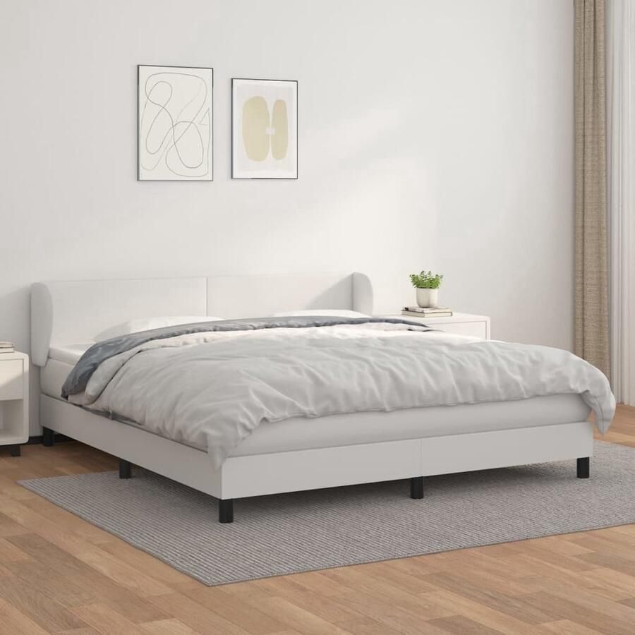 VidaXL Boxspring Kunstleer Wit 160x200 cm Boxspringbed Kunstleder Bed Pocketveer Matras Middenhard Matras Hoofdbord