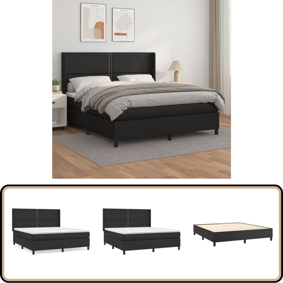 VidaXL Boxspring Kunstleer Zwart 160x200 cm Boxspringbed Slaapcomfort Kunstleder Verstelbare Hoofdbord Pocketveer Matras Medium Hardheid Zwarte Kleur