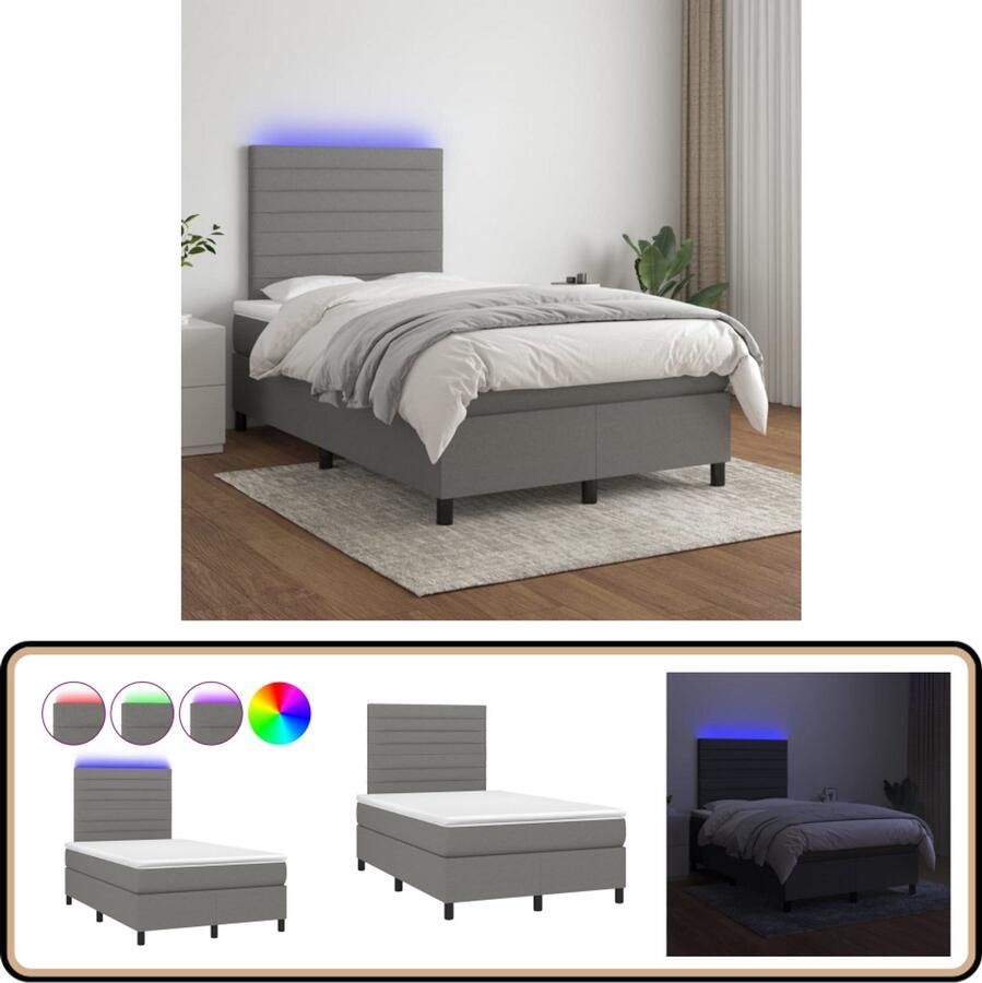 VidaXL Boxspring LED 120x200 cm Donkergrijs Boxspring Bed Donkere Kleuren Led Verlichting Slaapcomfort Pocketveer Matras Hoofdbord Design Bed - Foto 2