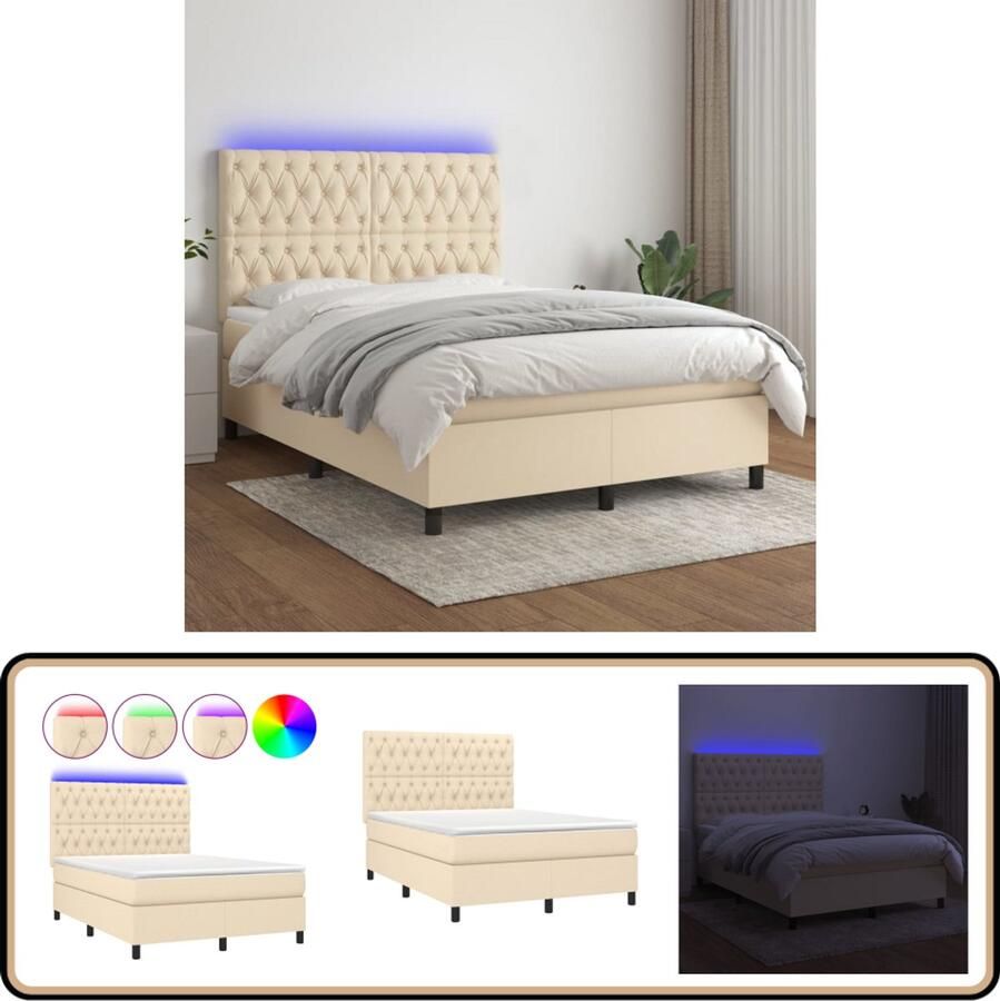 VidaXL Boxspring LED 140x190 cm Crème Inclusief Matras Boxspring Bed Verstelbare Hoofdbord Led Verlichting Pocketvering Matras Huidgevend Topmatras