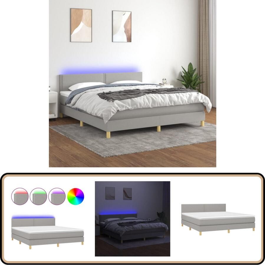 The Living Store Boxspring Lichtgrijs 203x180x78 88 cm LED duurzaam verstelbaar hoofdbord pocketvering matras huidvriendelijk topmatras Boxspring Led Bed Boxspring Grijs Tweepersoons Bed Pocketed Spring Mattress