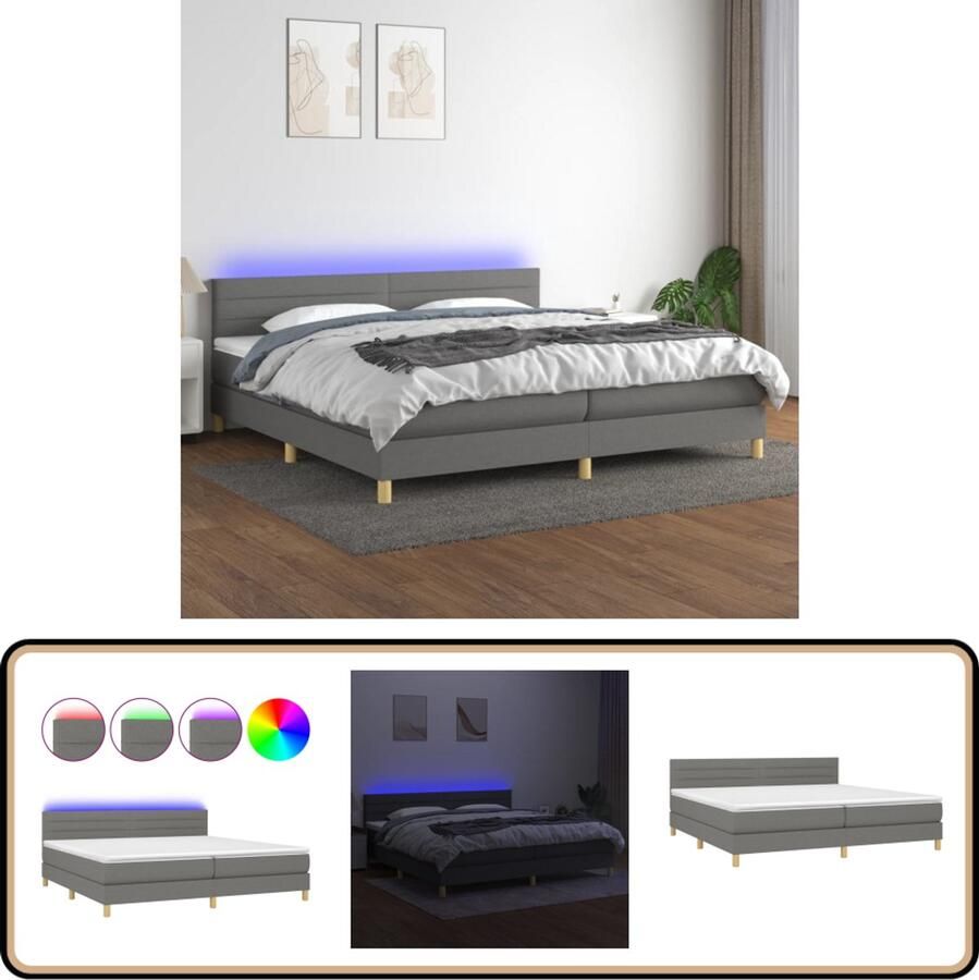 VidaXL Boxspring LED 200x200 cm Donkergrijs Stof Boxspring Donkere Kleuren Led Lampen Elektrisch Verstelbare Bedkop Pocketed Veren Matras Comfort Slaapcomfort Luxe Bed
