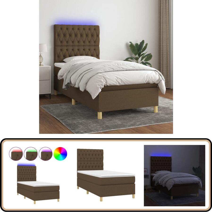VidaXL Boxspring LED 90x190 cm Donkerbruin Boxspring Donkere Bruine Boxspring Lederlook Boxspring Met Led Boxspring Met Opklapbare Hoofdbord