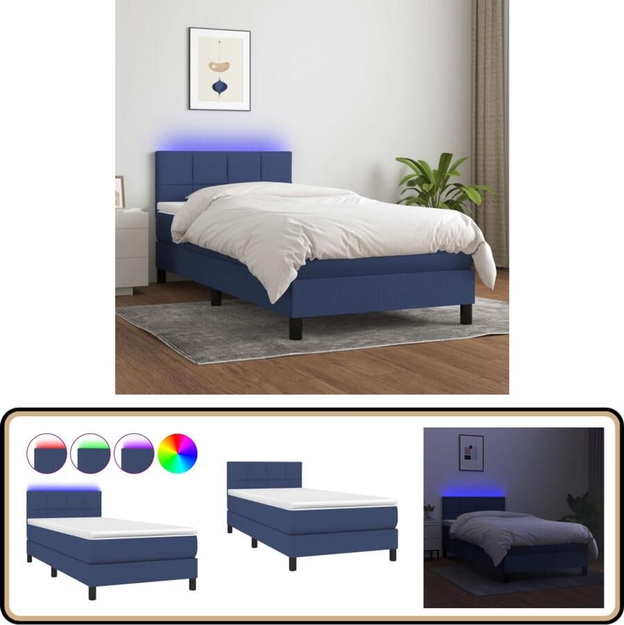 VidaXL Boxspring LED Blauw 90x190 cm Inclusief Matras Boxspring Bed Boxspring Led Lampje Verstelbare Hoofdbord Pocketvering Matras