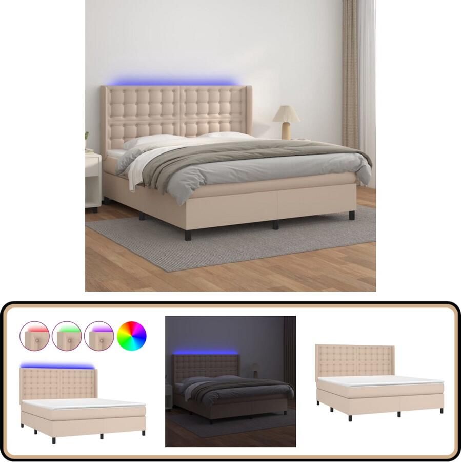 VidaXL Boxspring LED Cappuccino 180x200 cm Boxspring Bed Lederlook Bed Led Bed Boxspring Frame King Size Bed