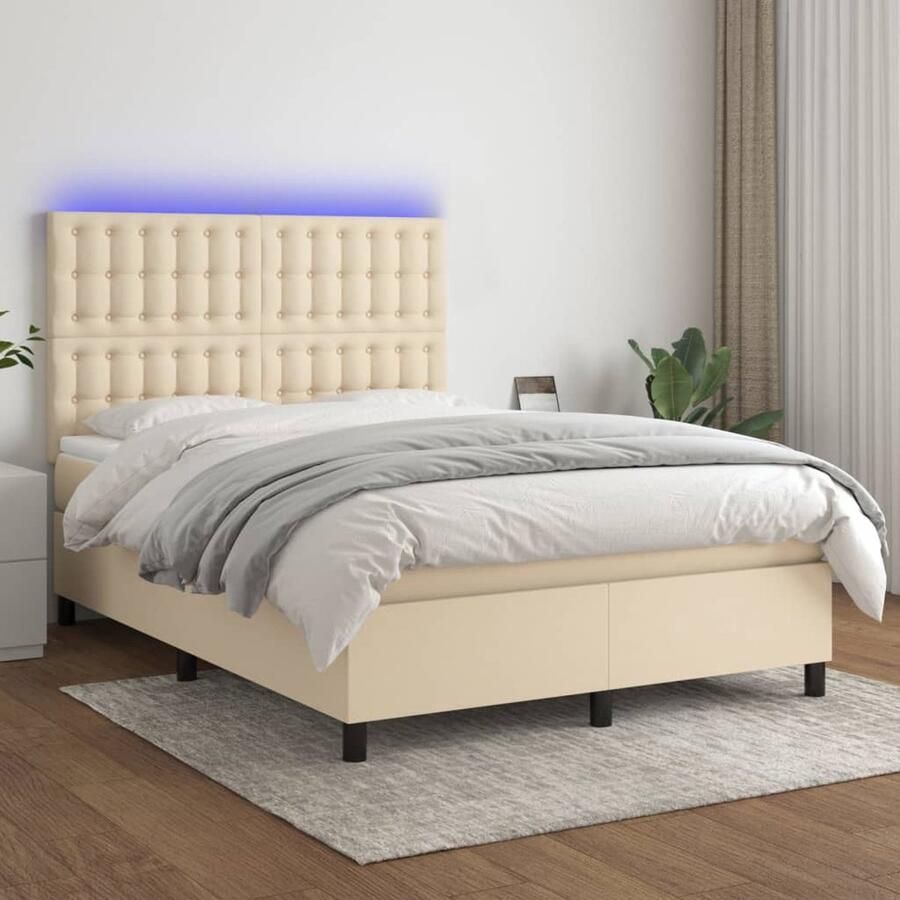 VidaXL Boxspring LED crèmekleurig 140x200 cm Boxspring Led Bed Creme Bed Tweepersoons Bed Pocketed Spring Mattress Frame Bed Bedroom Furniture - Foto 2