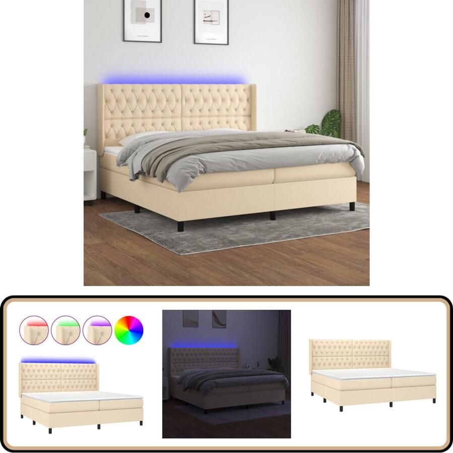 VidaXL Boxspring LED crèmekleurig 200x200 cm Boxspring Bed Verstelbare Hoofdbord Led Verlichting Pocketvering Matras Huidend Vriendelijk Topmatras Creme