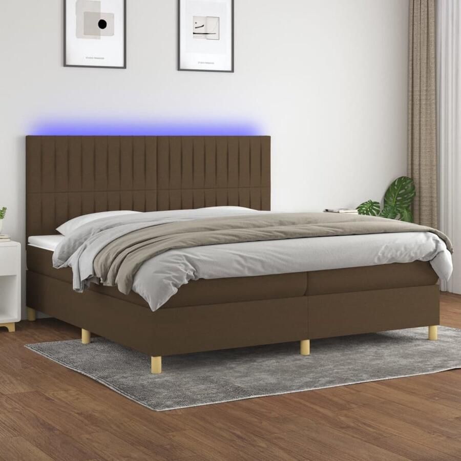 VidaXL Boxspring LED donkerbruin 200x200 cm Luxe Boxspring Led Lamp Donkere Bruine Boxspring Slaapcomfort Pocketed Veren Lederlook - Foto 2