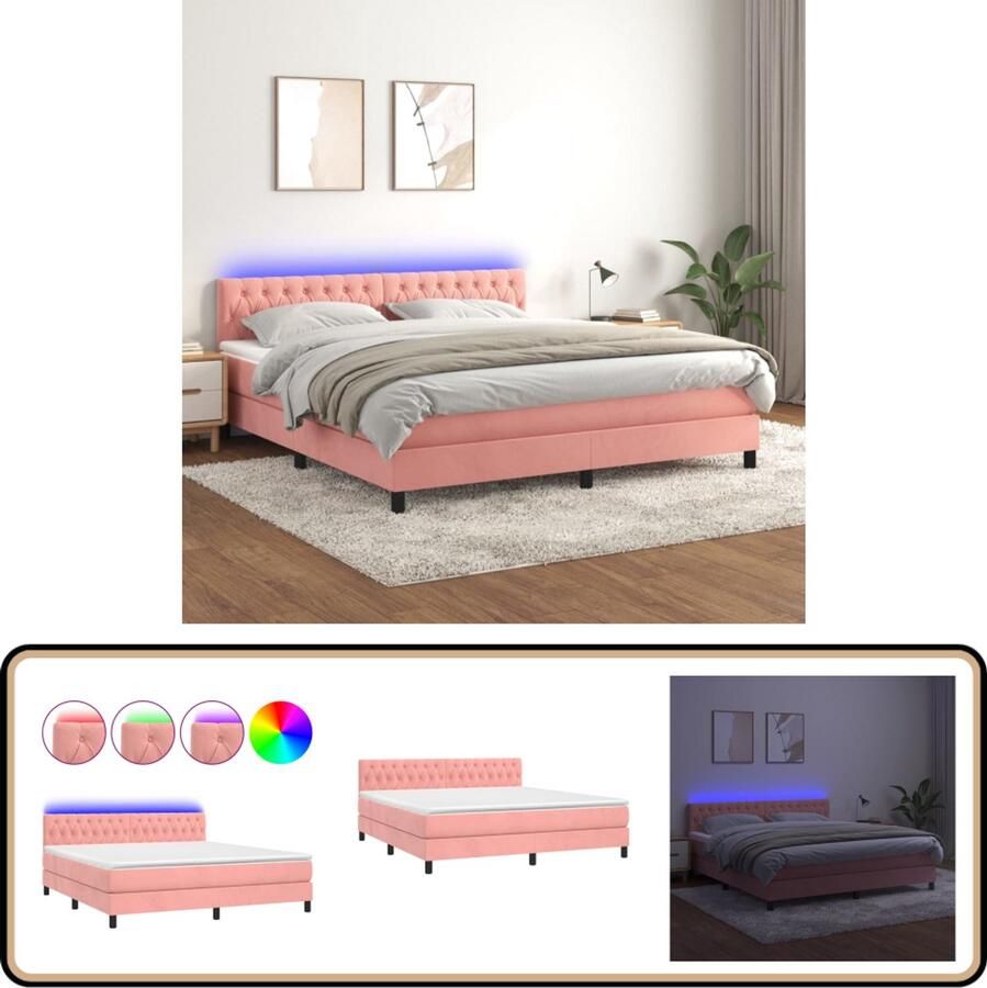 VidaXL Boxspring LED Fluweel 180x200 cm Roze Boxspring Fluweel Bed Rooskleurig Bed Led Bed King Size Bed