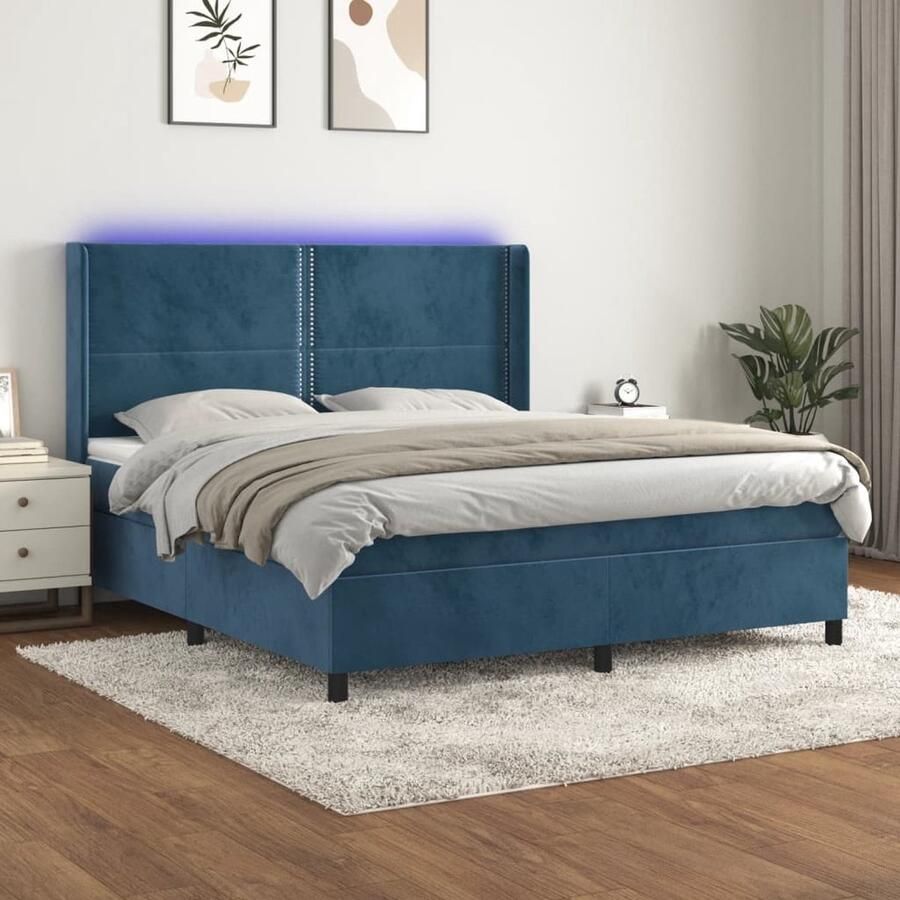 VidaXL Boxspring LED Fluweel Donkerblauw 160x200 cm Boxspring Donkere Kleuren Lederlook Velvet Led Verlichting Elektrisch Verstelbare Hoofdbord Tweepersoonsbed King Size - Foto 2