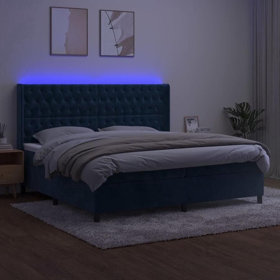 VidaXL Boxspring LED Fluweel Donkerblauw 200x200cm Boxspring Donkere Kleuren Velvet Tweepersoonsbed Elektrisch Hoofdbord