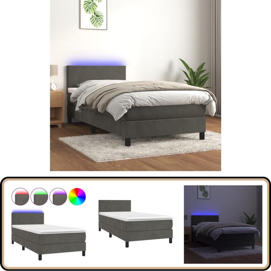 VidaXL Boxspring LED Fluweel Donkergrijs 100x200cm Boxspring Led Bed Fluweel Bed Tweepersoons Bed Grijs Bed