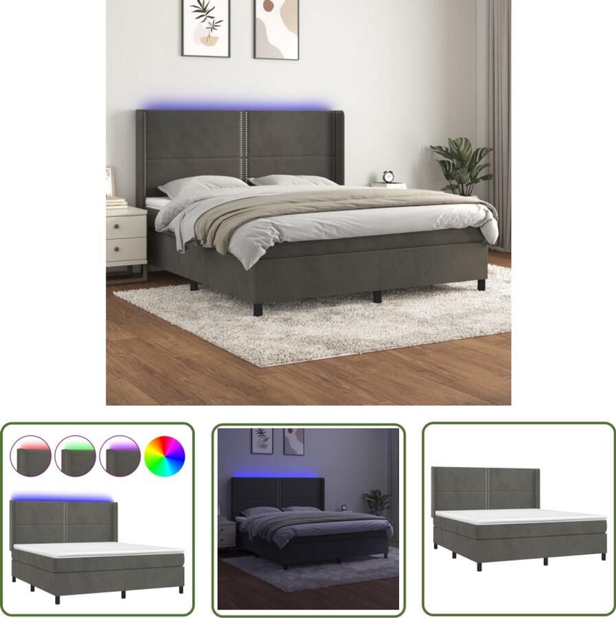 VidaXL Boxspring LED Fluweel Donkergrijs 160x200 cm Boxspring Led Bed Velvet Bed Tweepersoons Bed King Size Bed Slaapcomfort Hoofdbord Pocketed Spring Mattress