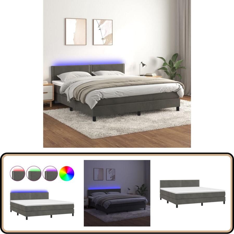 VidaXL Boxspring LED Fluweel Donkergrijs 180x200cm Boxspring Bed Donkere Grijze Boxspring Led Boxspring Velvet Boxspring Pocketed Spring Mattress