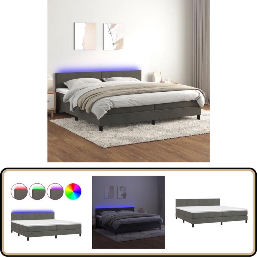 VidaXL Boxspring LED Fluweel Donkergrijs 200x200cm Boxspring Led Lamp Fluweel Bed Elektrisch Verstelbare Bedkop Tweepersoons Bed Donkere Kleuren