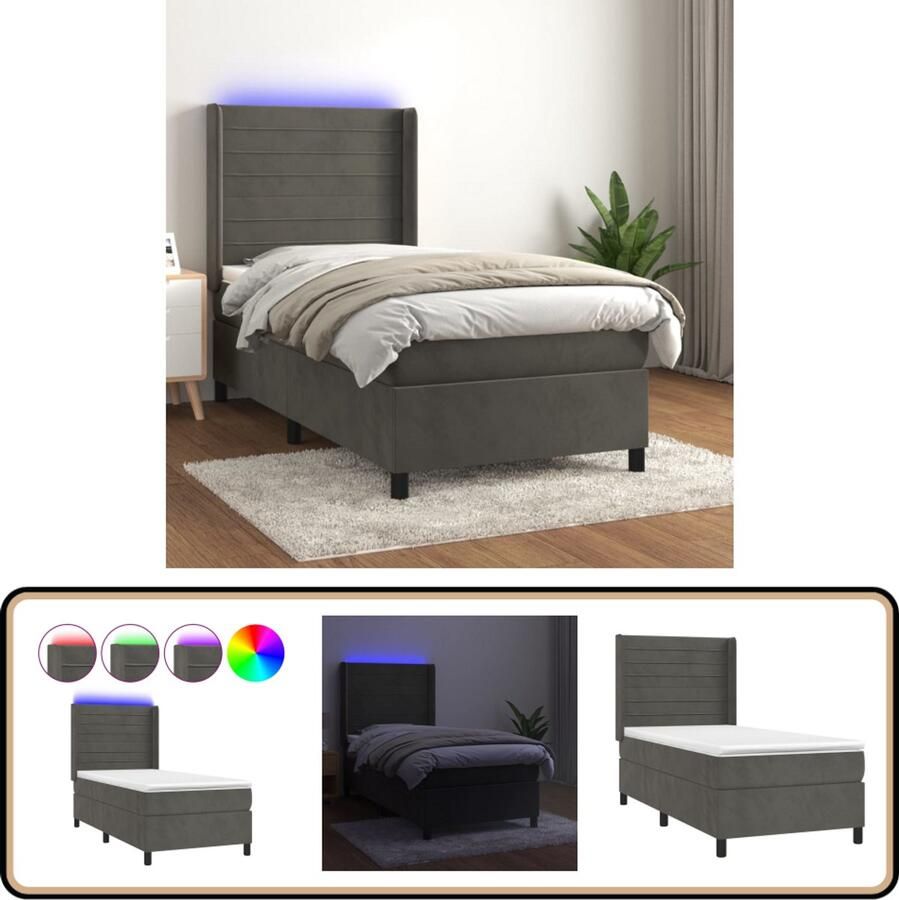 VidaXL Boxspring LED Fluweel Donkergrijs 90x190 cm Boxspring Donkere Kleuren Velvet Bed Elektrisch Hoofdbord Led Verlichting