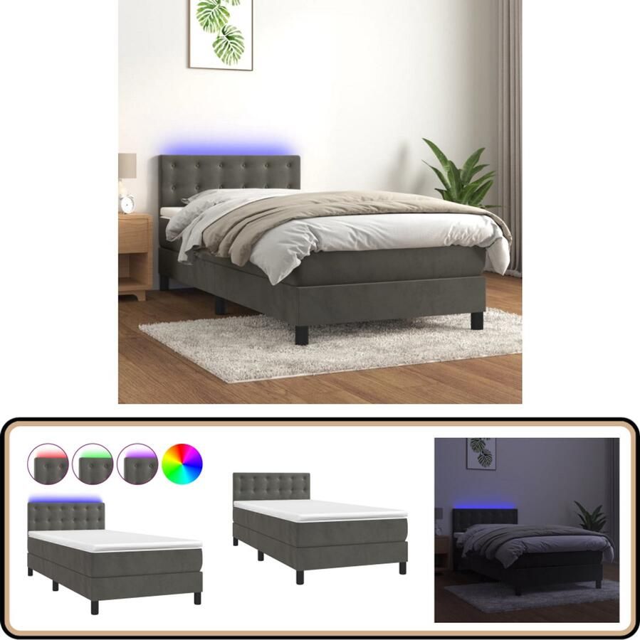 VidaXL Boxspring LED Fluweel Donkergrijs 90x190 cm Boxspring Led Boxspring Fluweel Bed Verstelbare Hoofdbord Pocketveer Matras