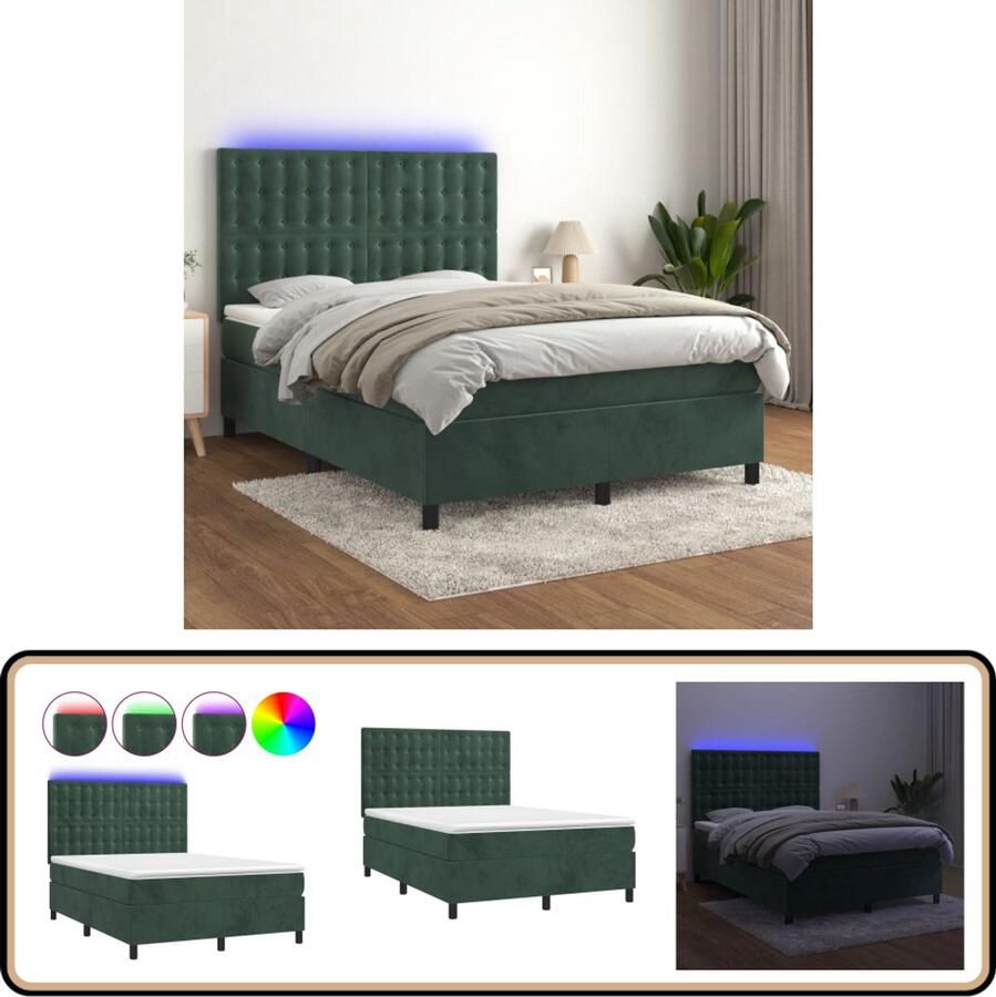 VidaXL Boxspring LED Fluweel Donkergroen 140x190 cm Boxspring Donkere Kleuren Fluweel Led Verlichting Slaapcomfort