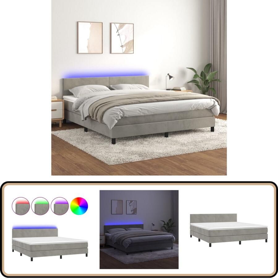 VidaXL Boxspring LED Fluweel Lichtgrijs 180x200 cm Boxspring Bed Fluweel Bed Led Bed Pocketed Spring Mattress King Size Bed Groot Bed Slaapcomfort