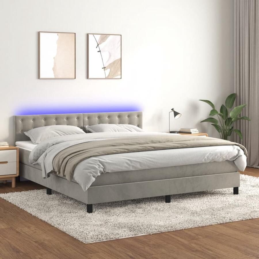 VidaXL Boxspring LED Fluweel Lichtgrijs 180x200 cm Boxspring Bed Tweepersoons Bed Licht Grijs Bed Velvet Bed Elektrisch Verstelbare Hoofdbord Led Verlichting Pocketed Spring Mattress Topper - Foto 2