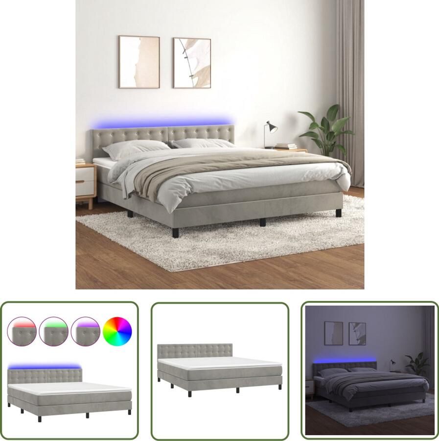 VidaXL Boxspring LED Fluweel Lichtgrijs 180x200 cm Boxspring Bed Tweepersoons Bed Licht Grijs Bed Velvet Bed Elektrisch Verstelbare Hoofdbord Led Verlichting Pocketed Spring Mattress Topper