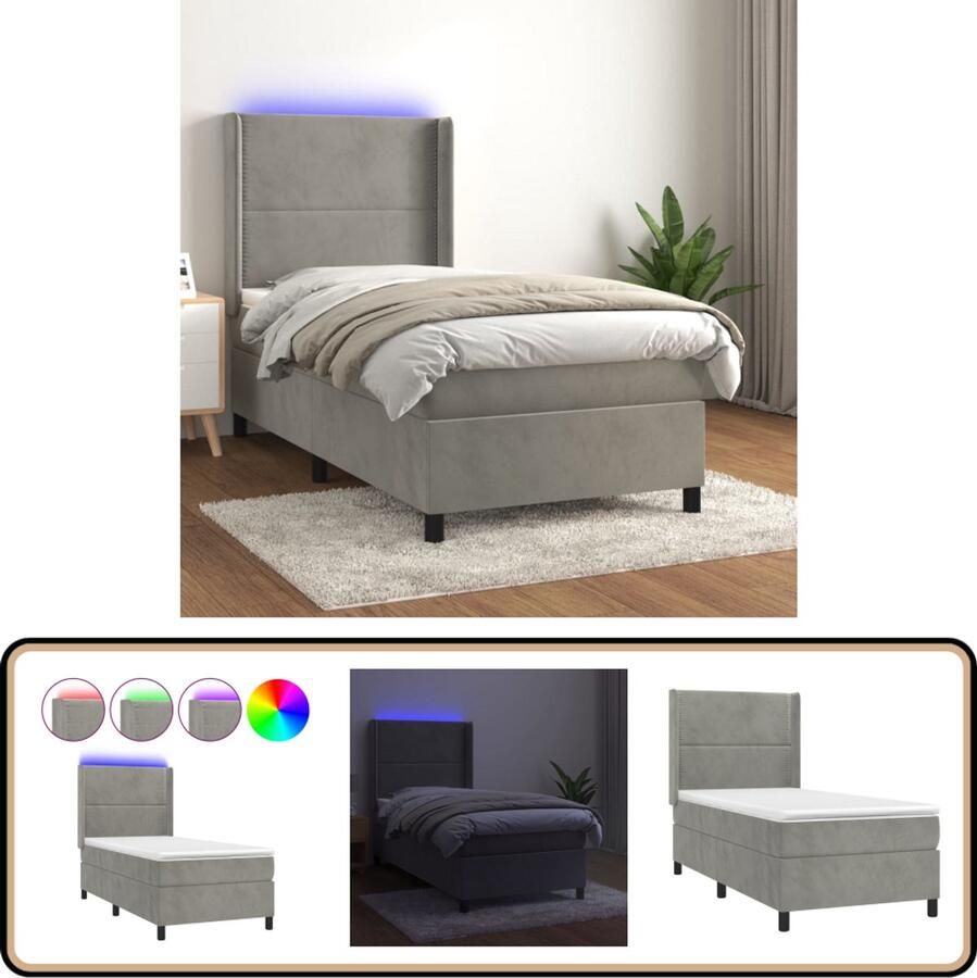 VidaXL Boxspring LED Fluweel Lichtgrijs 80x200 cm Boxspring Bed Fluweel Bed Led Bed Pocketed Spring Mattress Slaapcomfort Slaapkamers