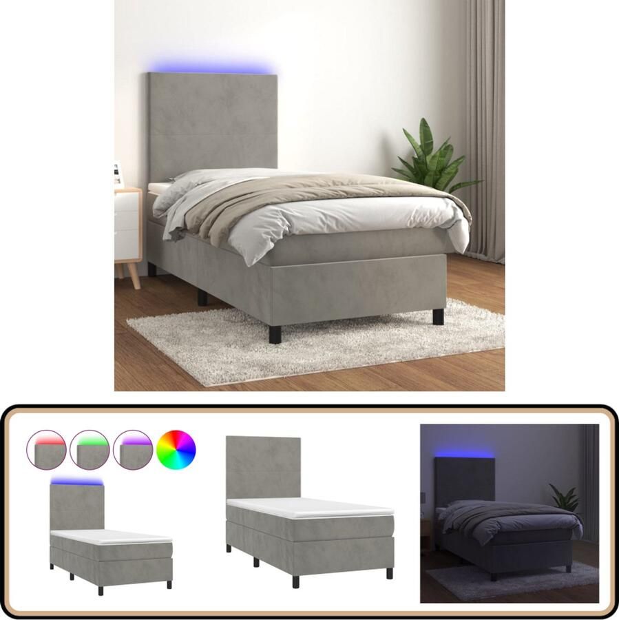 VidaXL Boxspring LED Fluweel Lichtgrijs 90x190 cm Boxspring Led Bed Velvet Bed Tweepersoons Bed King Size Bed