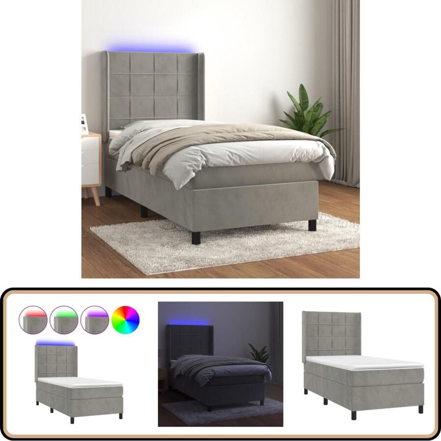 VidaXL Boxspring LED Fluweel Lichtgrijs 90x200 cm Boxspring Bed Led Bed Velvet Bed Grijs Bed Tweepersoonsbed Slaapcomfort Slaapkamerstijl