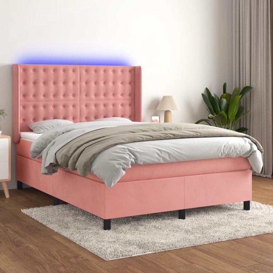 VidaXL Boxspring LED Fluweel Roze 140x190 cm Boxspring Led Bed Velvet Bed Rosé Bed Tweepersoonsbed King Size Bed Luxe Bed Boxspring Frame Bedroom Furniture - Foto 2