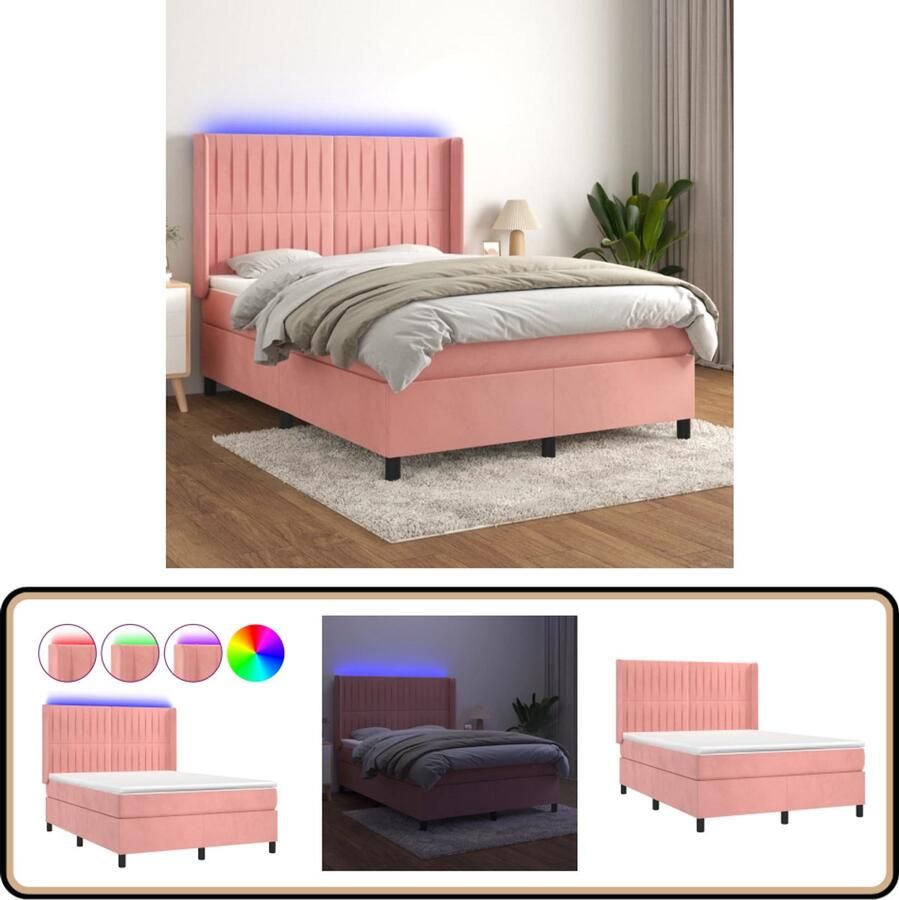 VidaXL Boxspring LED Fluweel Roze 140x200 cm Boxspring Fluweel Bed Roze Bed Verstelbare Hoofdbord Led Lampen