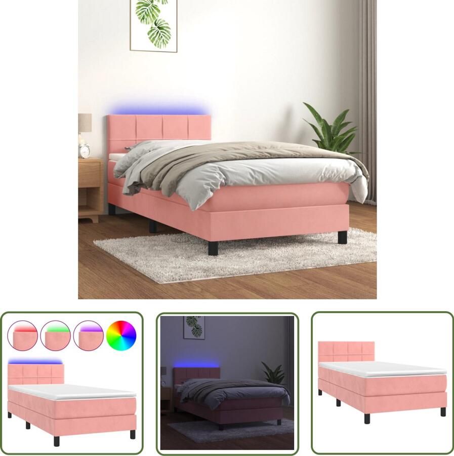 VidaXL Boxspring LED Fluweel Roze 90x200 cm Boxspring Bed Fluweel Bed Roze Bed Led Bed Adjustable Headboard Pocketed Spring Mattress Luxury Bed Bedroom Furniture