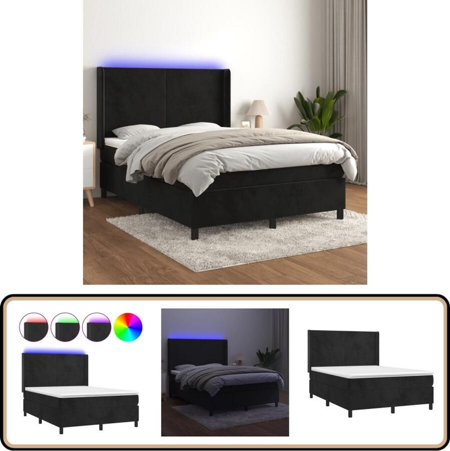 VidaXL Boxspring LED Fluweel Zwart 140x190 cm Boxspring Fluweel Bed Zwarte Boxspring Verstelbare Hoofdbord Led Lampjes Pocketveer Matras Luxe Bed